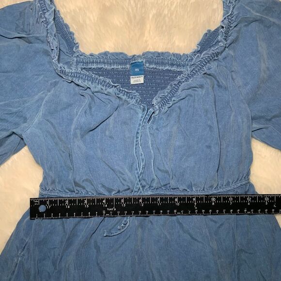 Sz XS Old Navy Peasant Jean Chambray Puffy Sleeve Drawstring Chest Dress - Picture 3 of 8